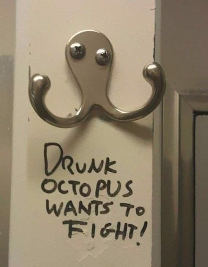 An offset clothes hook is screwed to a wall with equally offset screws that look like eyes. The two prongs of the clothes hook look like arms raised fists out. Underneath a line of graffiti says, drunk octopus wants to fight. It does look a little like a drunk octopus would like a fight. In reality, we all know fighting is a last resort for octopus as they are much smarter than that. They are much smarter than us.