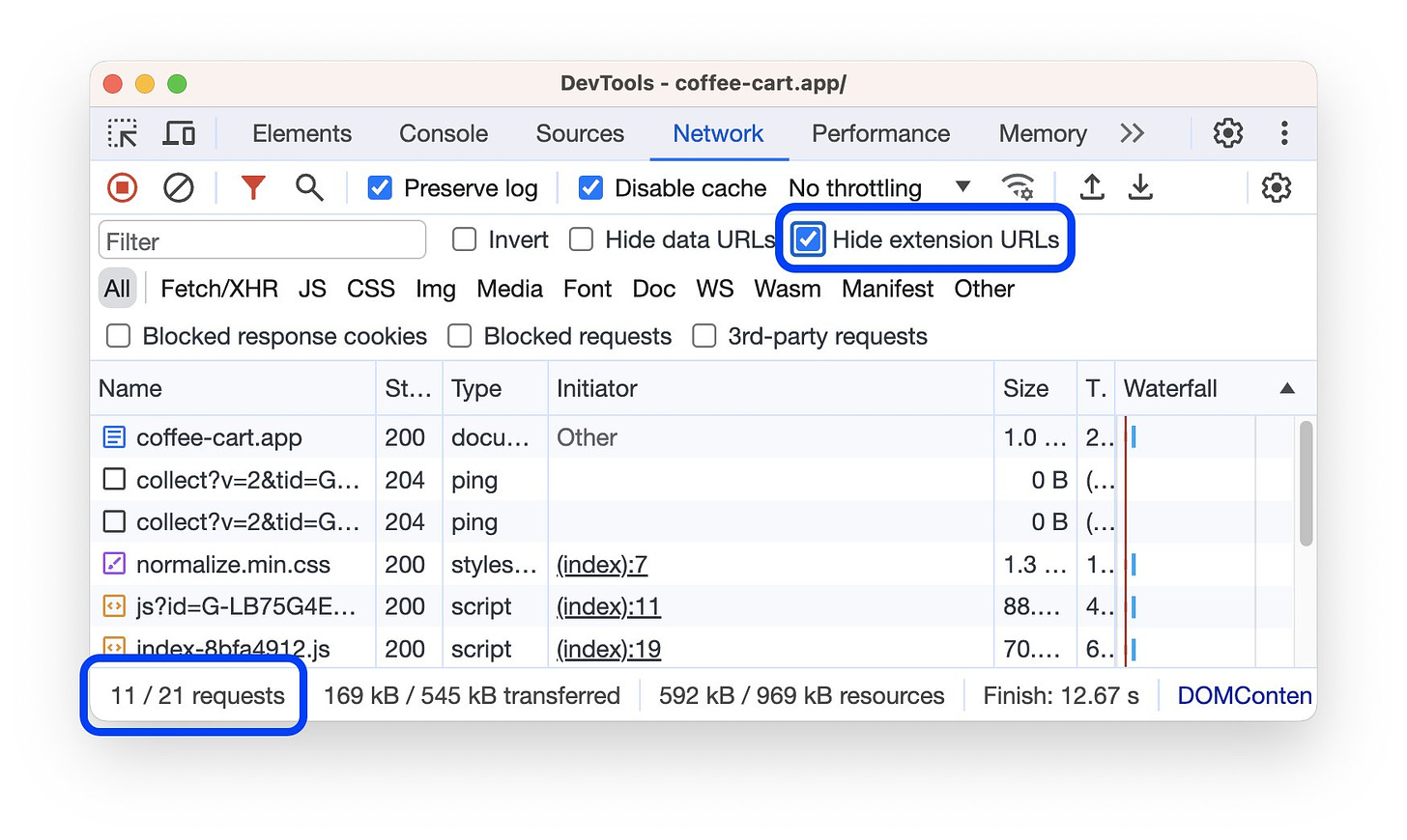 To help you focus on the code you author and filter out irrelevant requests sent by extensions you might have installed in Chrome, the Network panel gets a new filter.

To filter out all the requests sent to chrome-extension:// URLs, check Checkbox. Hide extension URLs.