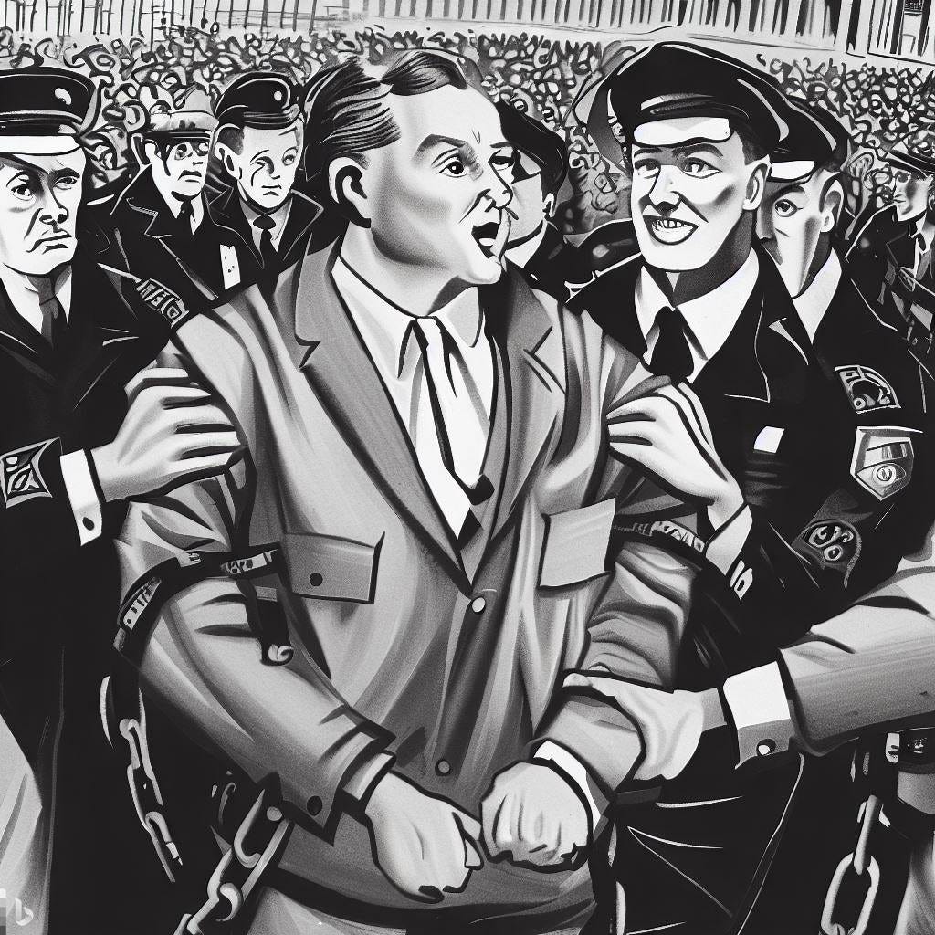 a presidential candidate is arrested, cartoon, 1930s style