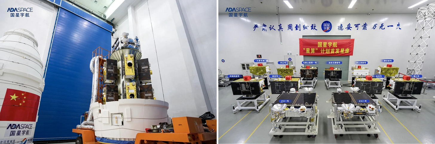 The ten satellites from ADA Space attached to the payload adapter (left) and in a clean room ahead of installation (right). The ten satellites from ADA Space attached to the payload adapter (left) and in a clean room ahead of installation (right).