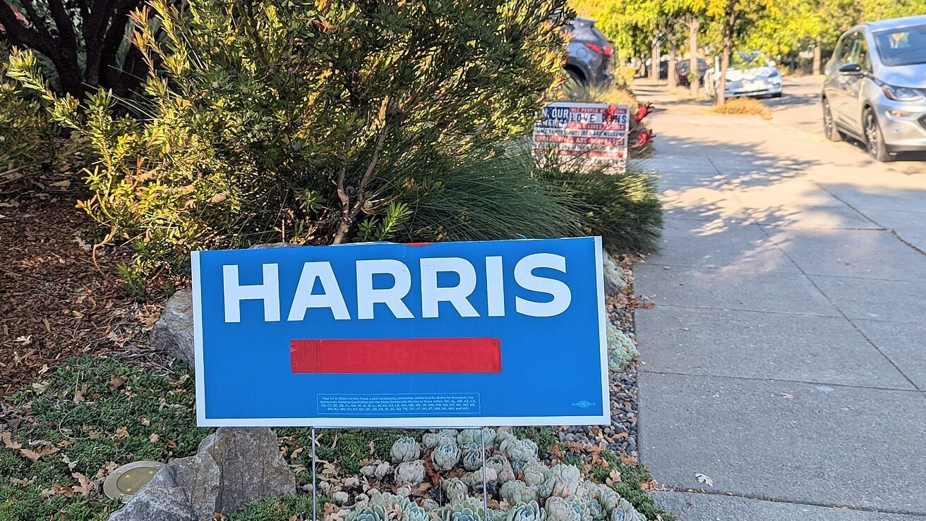 The bottom of a blue lawn sign that has been ripped so that it just shows the name "Harris" on the edge of a garden along a sidewalk.