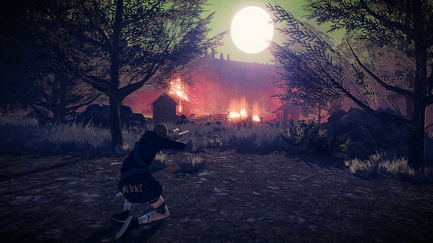 Video game screenshot of a woman kneeling with a sniper rifle, aiming at a campfire under a full moon