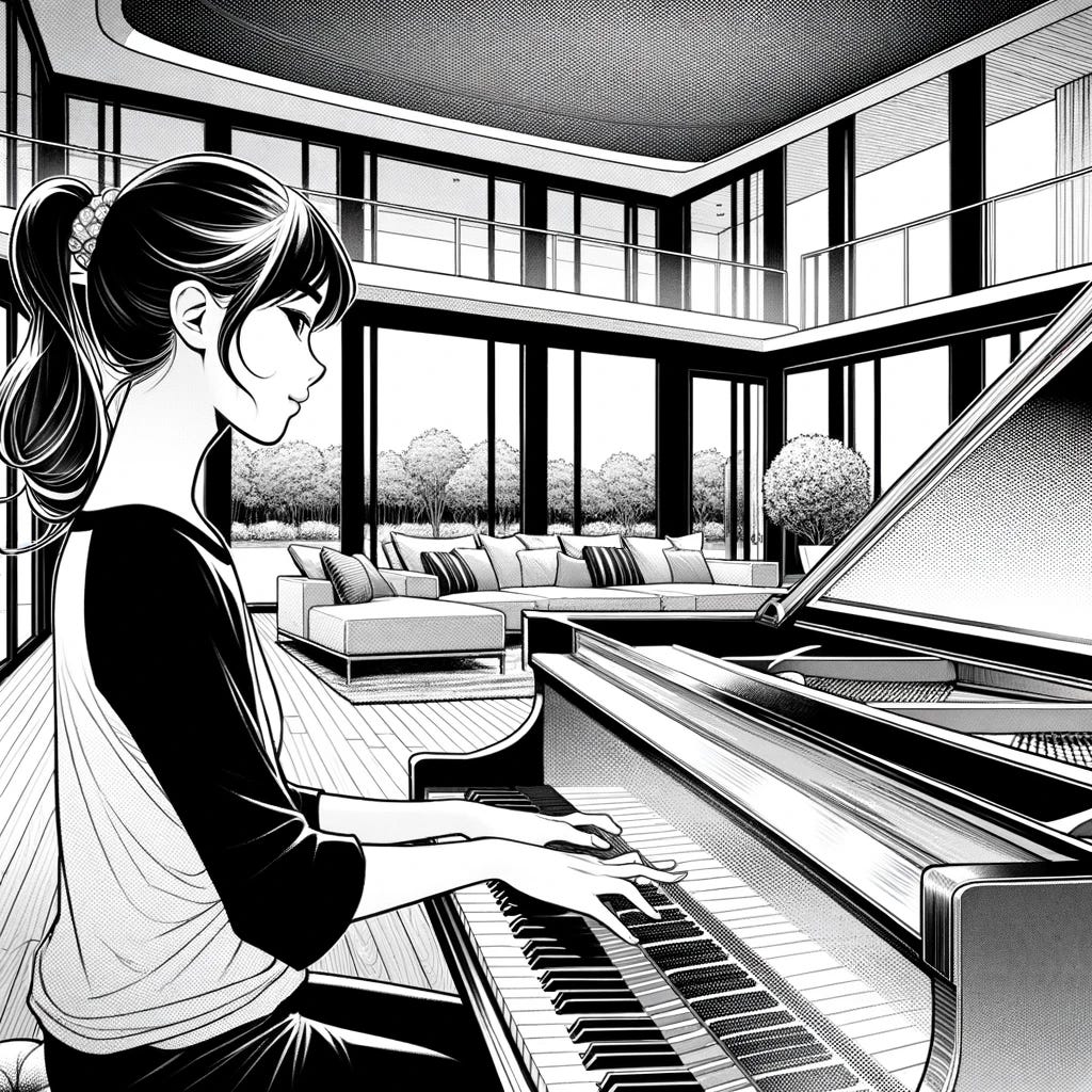 black and white comic panel showing young Korean girl sitting at a grand piano in a modern mansion living room