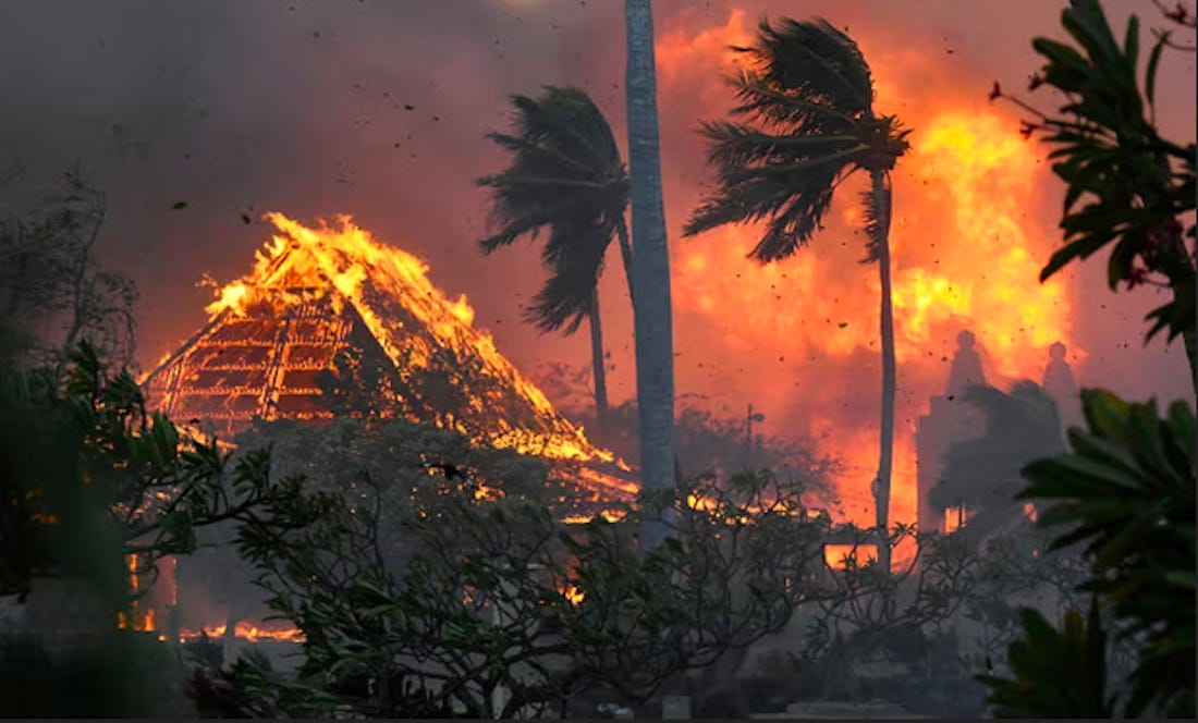 Waiola church and Lahaina Hongwanji mission burning to the ground.