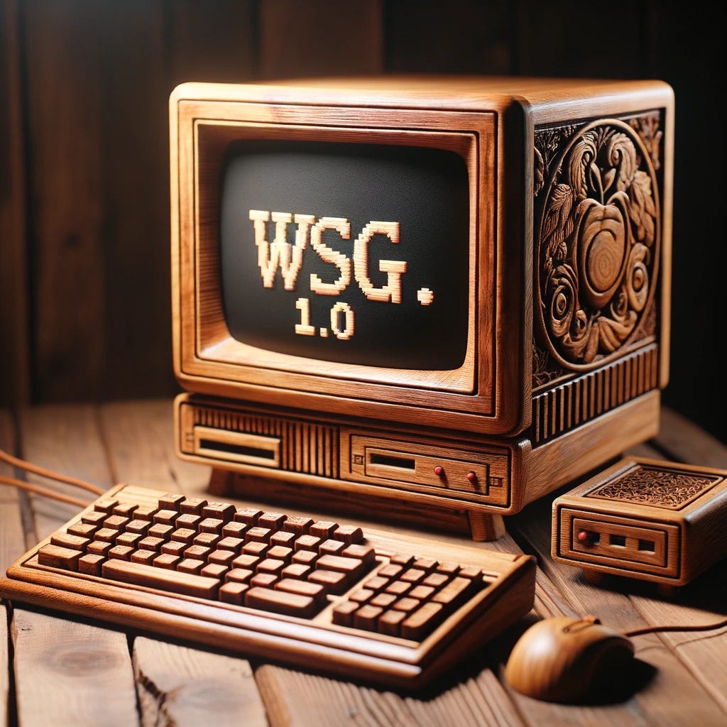 A 1980s-style computer, intricately carved from wood, with the same detailed craftsmanship and texture as before. The computer includes a wooden keyboard, a monitor, and a base unit, all reflecting the vintage design. This time, the monitor's screen displays the characters "WSG 1.0" in large, bold ASCII art letters, maintaining the charm of simple character-based graphics. The scene is again set on a wooden desk, with the ambient lighting enhancing the wood's natural beauty and the nostalgic feel of the computer.