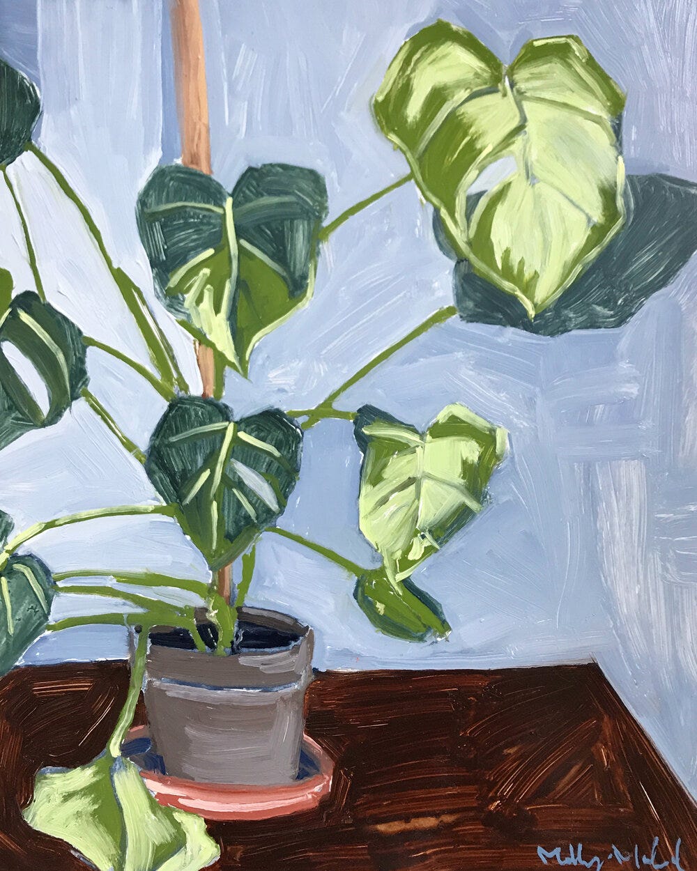Painting of a plant in a pot against a pale blue background Painting of a plant in a pot against a pale blue background