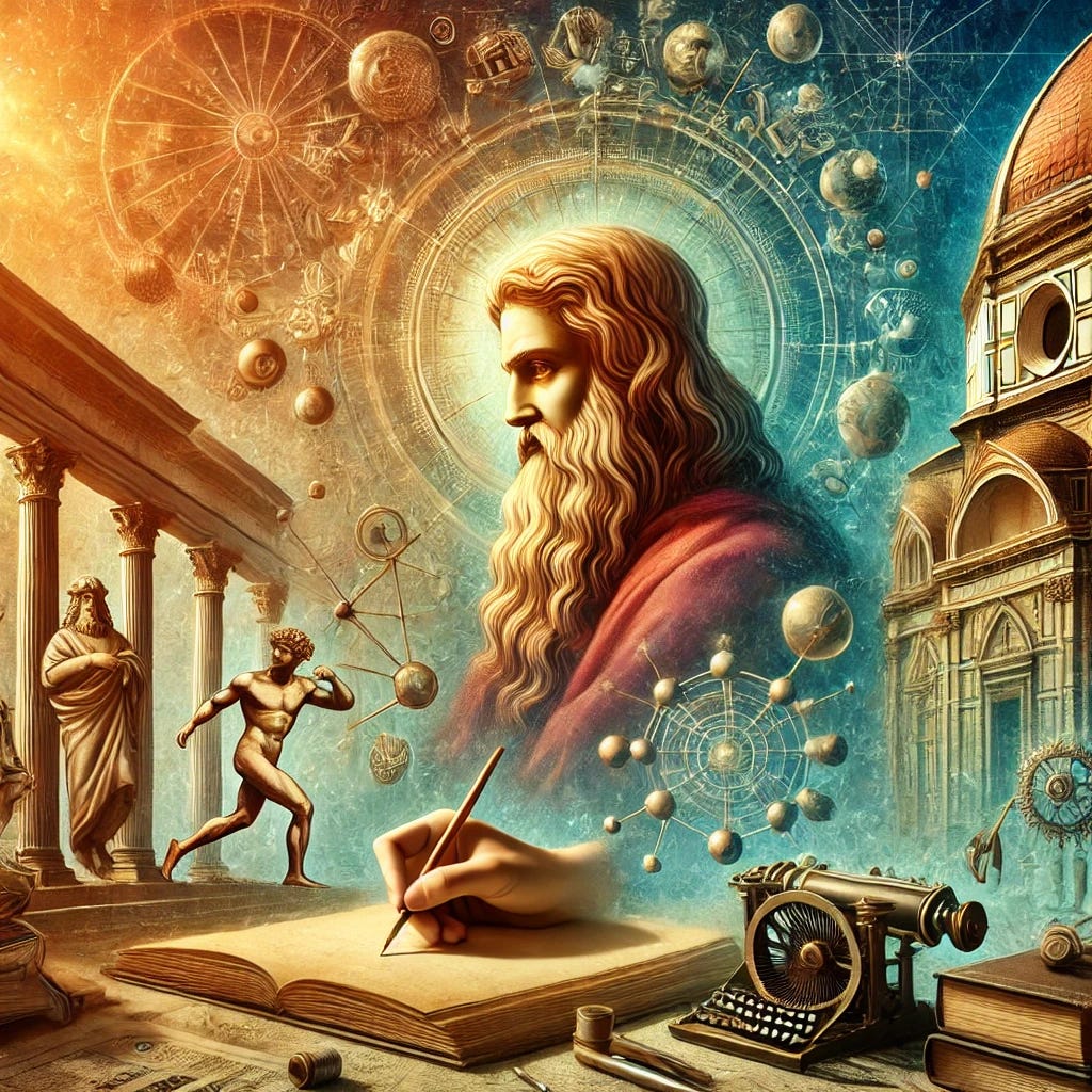 An artistic image depicting the spirit of the Renaissance and individual empowerment. The scene shows a Renaissance figure, such as Leonardo da Vinci, sketching or writing, surrounded by symbols of humanism like books, art, and scientific tools. In the background, classical architecture such as domes and columns stand tall, symbolizing the rebirth of knowledge. The overall tone is vibrant, with warm light illuminating the figure, representing the rise of human potential, creativity, and empowerment.