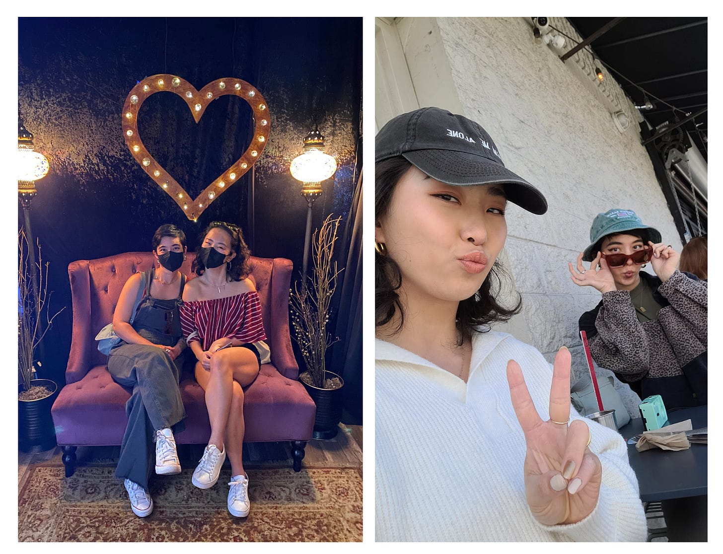 Two photos of Nicole and Ji-Youn. The left is of them sitting on a burgandy couch, wearing masks, under a heart-shaped light at the Museum of Love. The right is a selfie of the two of them at an outdoor dining table.