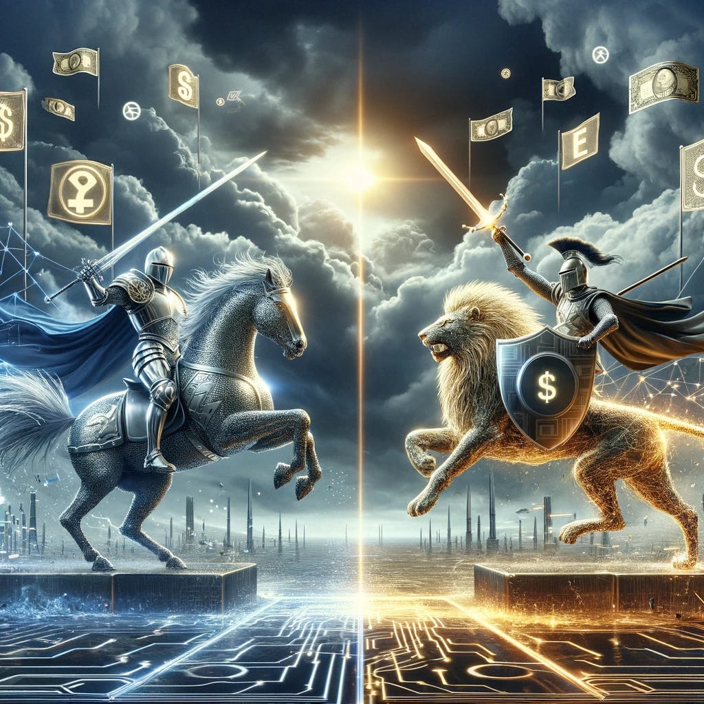 Envision a grand, allegorical battlefield under a stormy sky, illustrating the competitive struggle in the financial industry. On one side, a majestic knight in silver armor rides a metallic horse, both gleaming with modern technology, holding a shimmering sword symbolizing innovative payment solutions. This knight's armor bears a generic financial logo. Opposite, a warrior in gold stands atop a digital lion, representing strength and a vast network, with a shield showing a generic trust and security emblem and a lance of light in hand. Above, digital and monetary symbols rain down as arrows, and the ground is cracked, glowing with lines of code and electronic circuits. Banners with generic financial symbols flutter above each champion, symbolizing their companies. This scene captures the essence of competition in the digital payments industry, where strategy, innovation, and reputation are key.