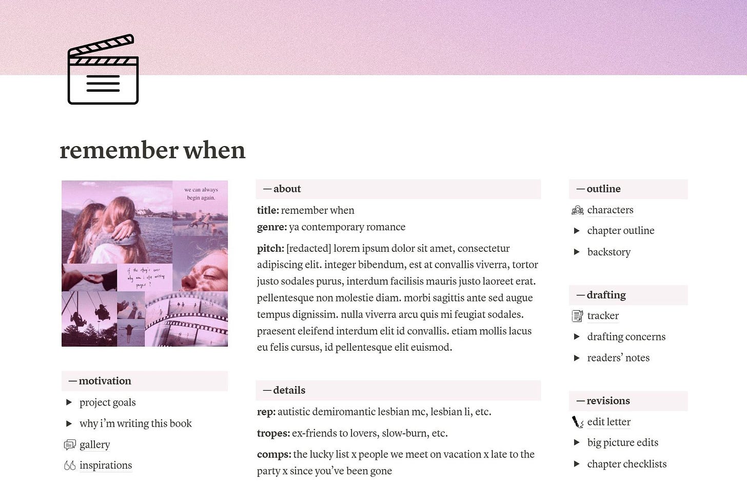 a screenshot of the template in action with my project REMEMBER WHEN as an example. the template has a purple/pink colour scheme that fits the aesthetic and includes a section for motivation, what it’s about, the details, and then outline, drafting, and revisions.