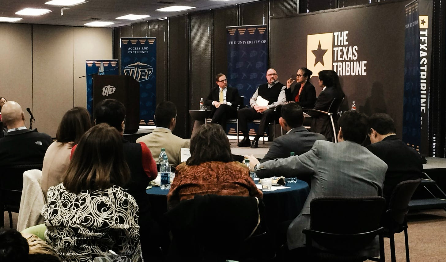 Evan Smith leading a Texas Tribune panel discussion at The University of Texas El Paso in 2015
