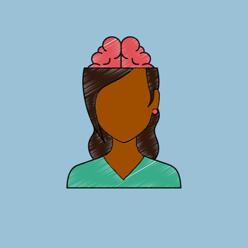 A woman with no facial features wearing a blue top with her brain showing above her head. Image from canva.