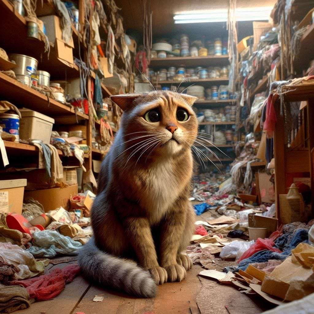 una imagen muy realista de un gato nervioso, no asustado, en una tienda de cachivaches no tan ordenados