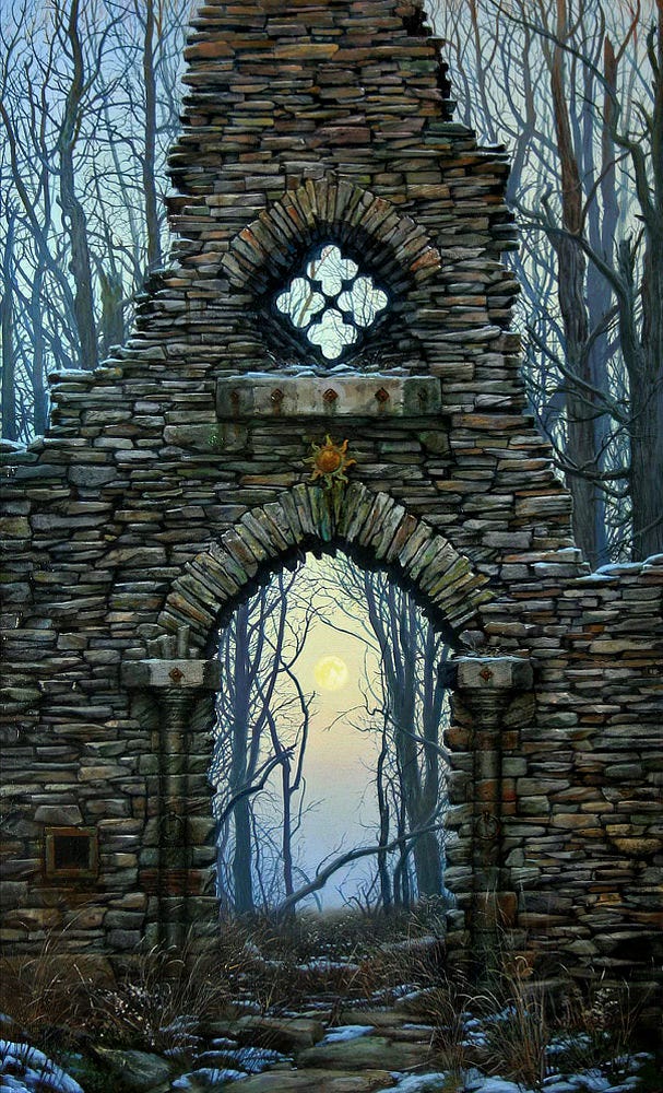 The view through an open archway of a ruined stone structure. Beyond the winter sky is pale and desaturated with the sun barely visible in contrast. Thin stones make up what remains of the structure. A weathered copper sun sits above the keystone. The trees in the background are all skeletal and bare. The snow in the immediate foreground suggest the last dregs of winter when the season drags on forever.