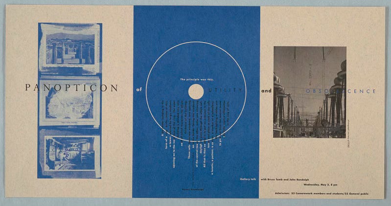 flattened brochure with blue and black text over top of images -- text includes panopticon and obsolesces