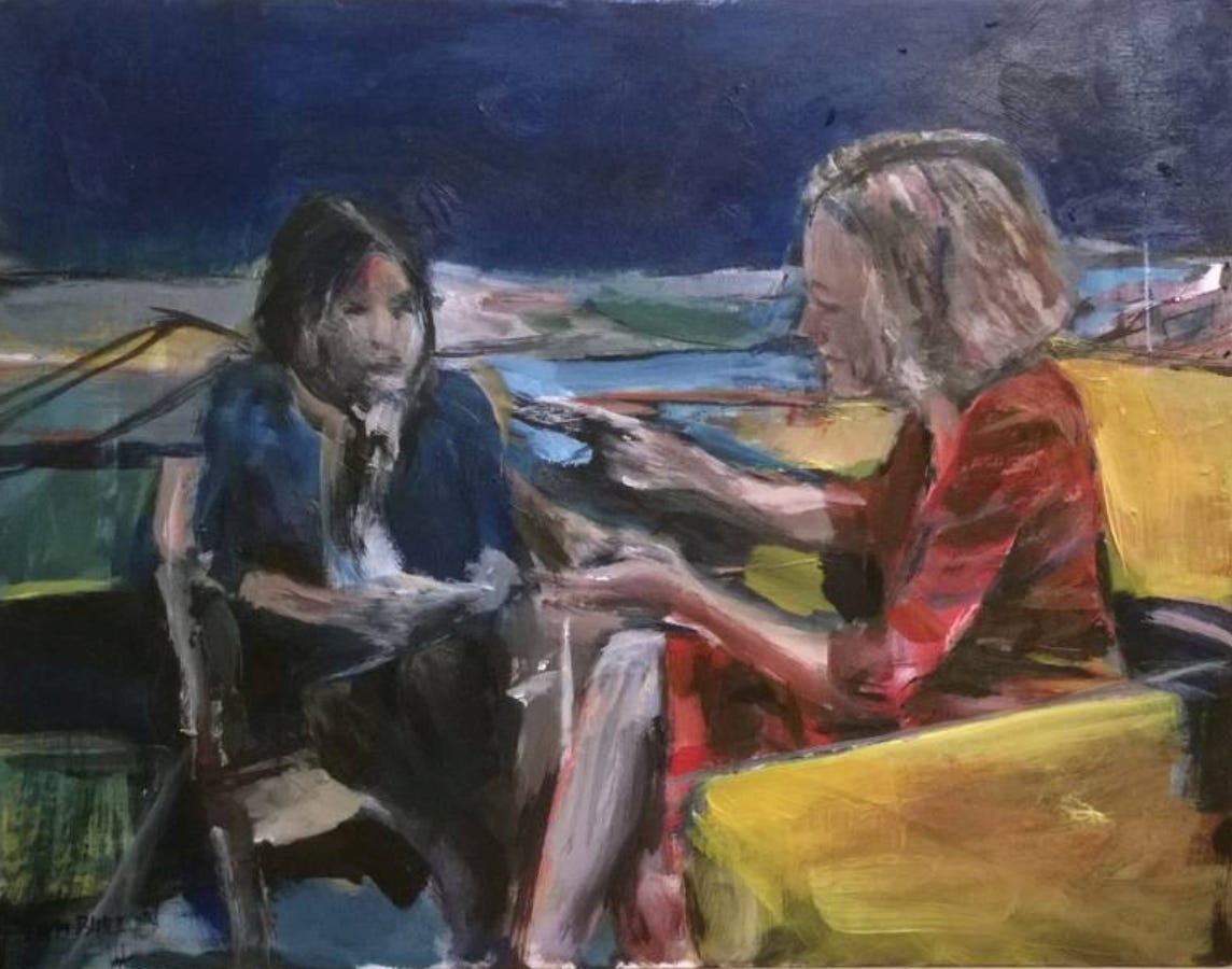 Two people sit in chairs having a conversation in a painting. The figure on the left has short dark hair and wears a navy jacket, blouse and scarf, and the figure on the right sits in a yellow chair, has light brown hair and wears a red dress. They gesture as if having a conversation.