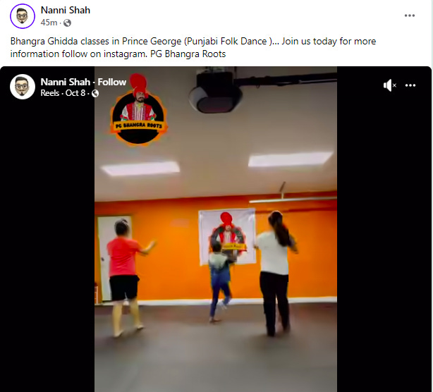 Facebook post: Bhangra Ghidda classes in Prince George (Punjabi Folk Dance )… Join us today for more information follow on instagram. PG Bhangra Roots