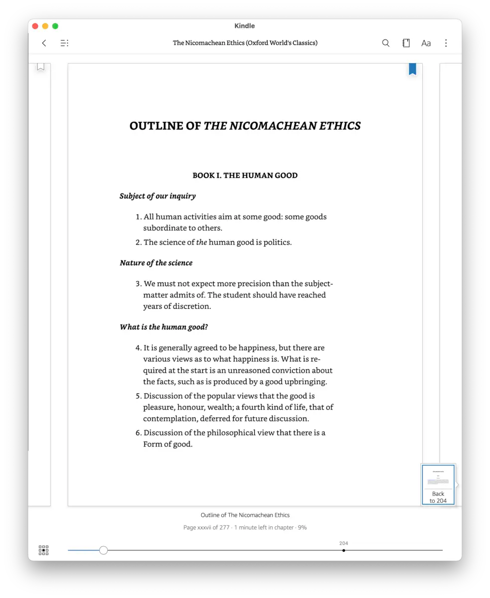 Screenshot of the macOS Kindle app showing the first part of an outline of Aristotle's Nicomachean Ethics 