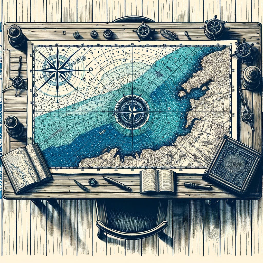 Create an illustration of an open nautical chart map on top of a table, utilizing a blue, white, and black color palette. This map should display detailed navigation lines, symbols, and possibly landmarks that are common in maritime navigation. The table should give off a rustic or vintage vibe, suggesting a setting where sea voyages are planned. The style of the illustration should be detailed yet artistic, capturing the essence of traditional hand-drawn maps. This setting aims to evoke the romanticism of sea exploration and the meticulous preparation involved in it.