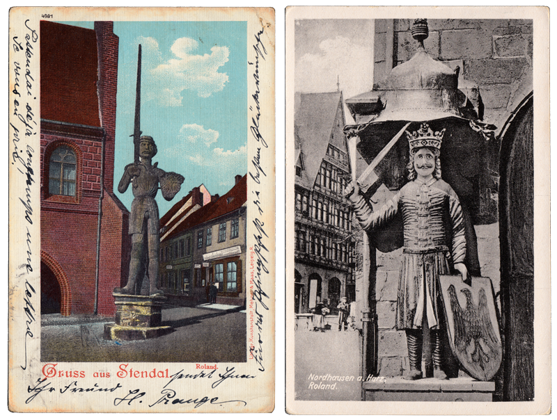 Postcards of Roland statues in Stendal (left) and Nordhausen am Harz (right)