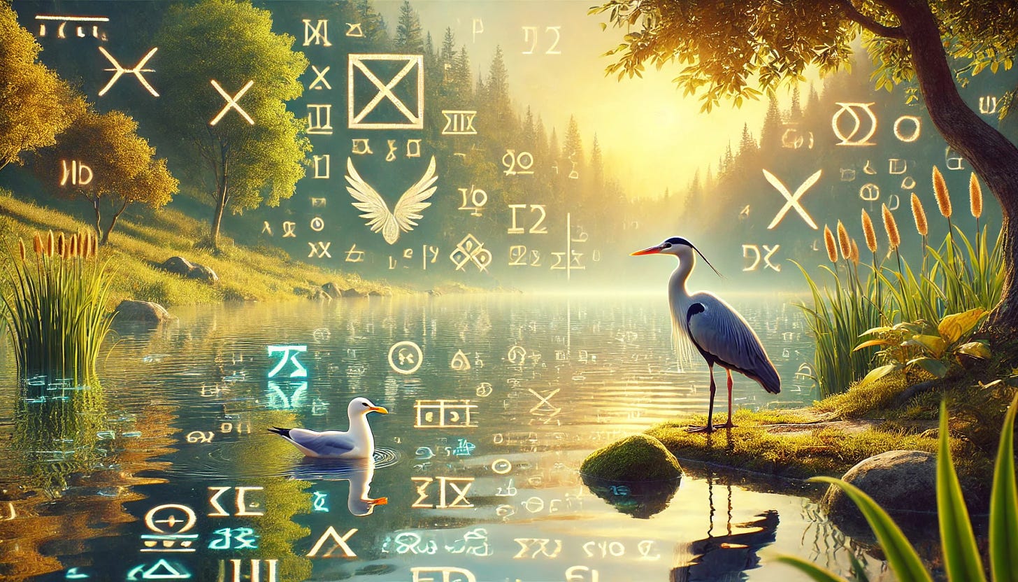 A serene, widescreen waterscape where a heron and a seagull stand by the lake, both gazing thoughtfully at the water. The lake is filled with symbols representing various concepts: Greek letters, mathematical symbols, and hints of financial market indicators, all subtly integrated into the water. The rest of the scene embodies natural beauty, with soft sunlight, lush greenery, and calm, textbook bird behavior. The focus remains on the birds and their serene surroundings, with the unusual symbols contained only within the lake itself, blending into the natural scenery.