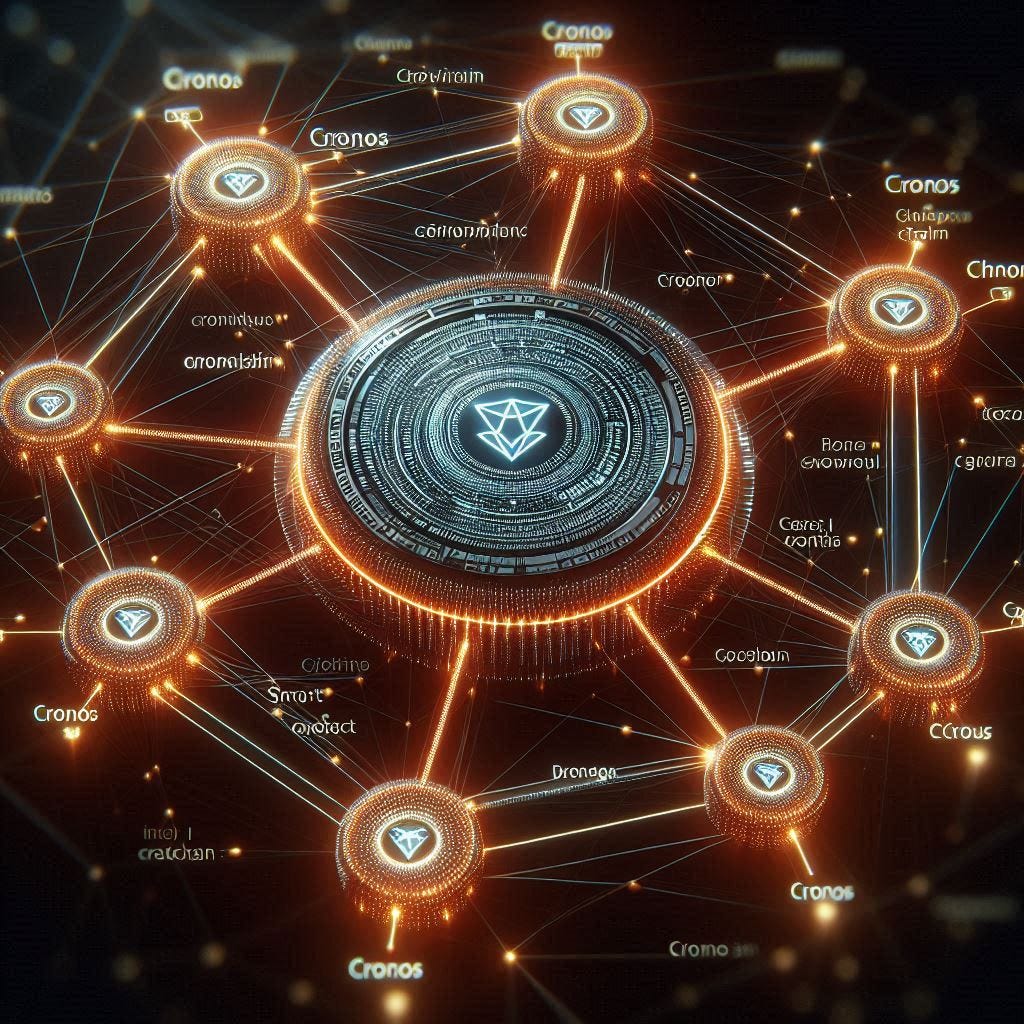 A close-up view of a blockchain node network visualized as interconnected glowing orbs, with the Cronos logo at the center. The edges include technical annotations like Smart Contracts and Cross-Chain Bridges.