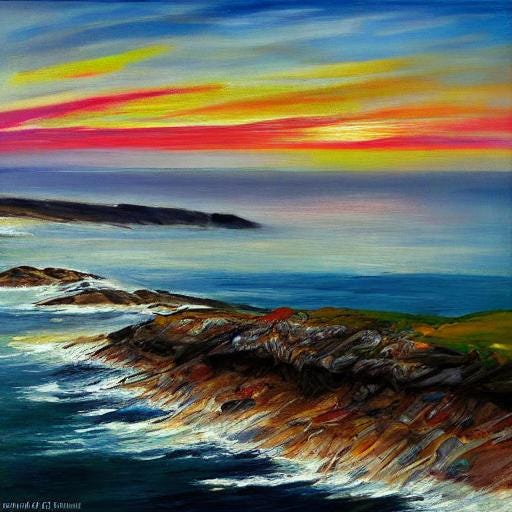 AI generated image of sunset near Fisterra in Galicia, Spain