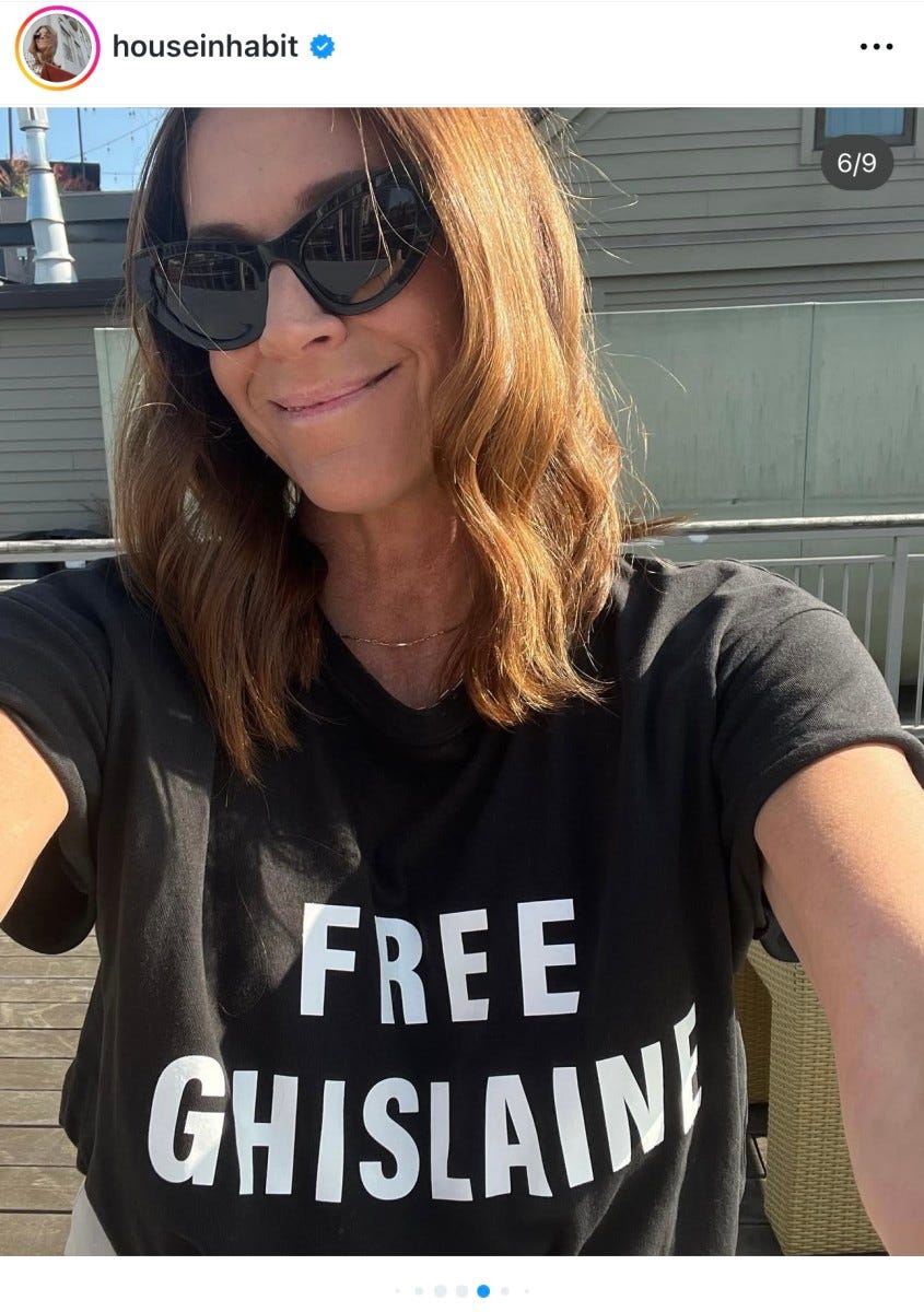 Jessica Reed Kraus wearing a Free Ghislaine shirt to a "Substack Loft" gathering in Chicago during the DNC