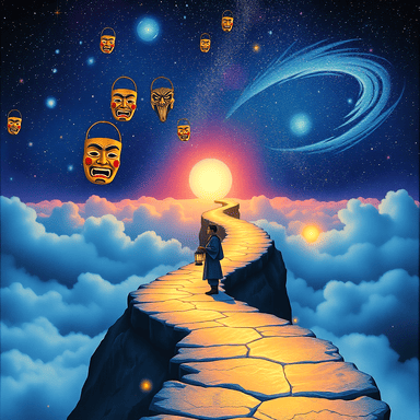 A vivid, dreamlike image combining elements of the hero’s journey and Japanese Noh masks. At the center, a lone hero stands on a winding, illuminated path that ascends through a vast, starlit cosmos. The hero carries a glowing lantern that casts light forward, symbolizing self-discovery. Along the path, floating masks from Noh theater hover in mid-air, each representing a distinct identity or role, with intricate designs glowing faintly. Behind the hero, the path fragments into swirling mist, while the horizon ahead reveals a radiant, ever-shifting destination—symbolizing transformation and growth. The overall composition balances mystery, dynamism, and a sense of infinite possibilities.