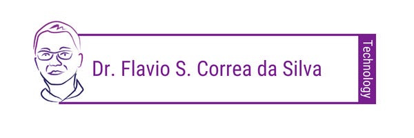 line art of man with glasses on the left in purple attached to a purple box that says: Dr. Flavio S. Correa da Silva (Technology)