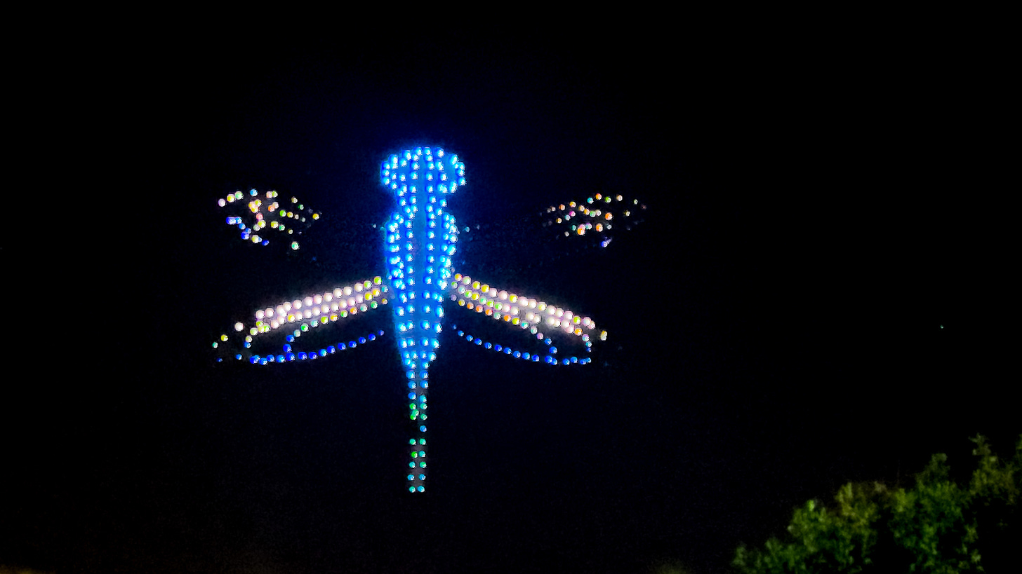 Lighted drones form the outline of a dragonfly with a blue body and white and colored lights for the wings against a black night sky