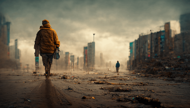 Man walking through post post-apocalyptic city : r/midjourney