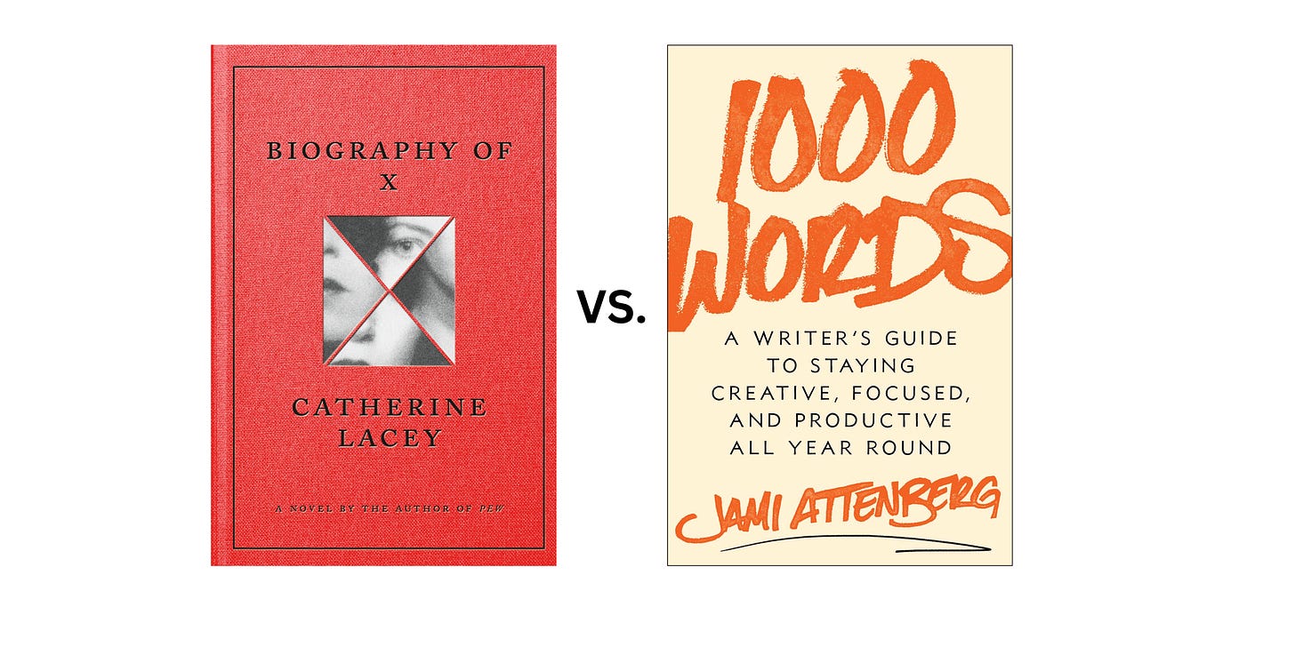 Book cover images for Biography of X by Catherine Lacey and 1000 Words: A Writer's Guide to Staying Creative, Focused, and Productive All Year Round by Jami Attenberg
