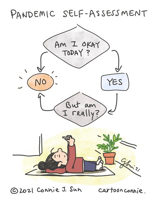 Pandemic Self-Assessment Single-panel comic of a girl with a bun, laying supine on a mat, looking up at her phone. Above her is a simple flowchart that reads "Am I okay today?" Arrows point to yes or no. Yes leads to another question: "But am I really?" which circles back to no. Titled Pandemic Self-Assessment, webcomic illustration by Connie Sun, cartoonconnie