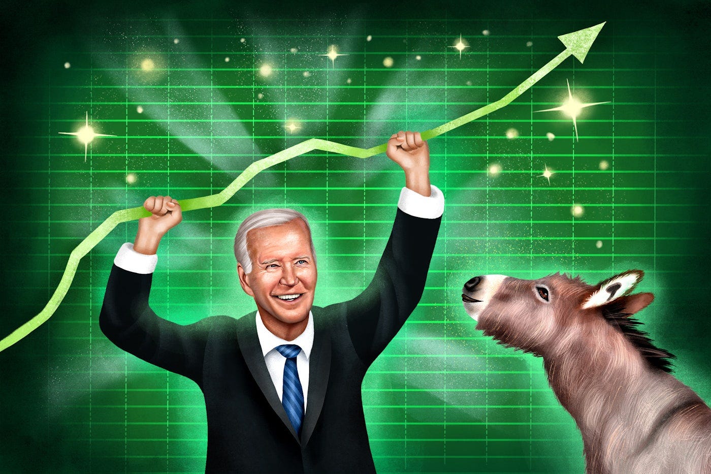 An illustration depicting President Joe Biden raising his arms in celebration, with a rising green line chart symbolizing economic growth. A donkey, representing the Democratic Party, is beside him. The image highlights the impact of Bidenomics on wage growth and economic inequality.