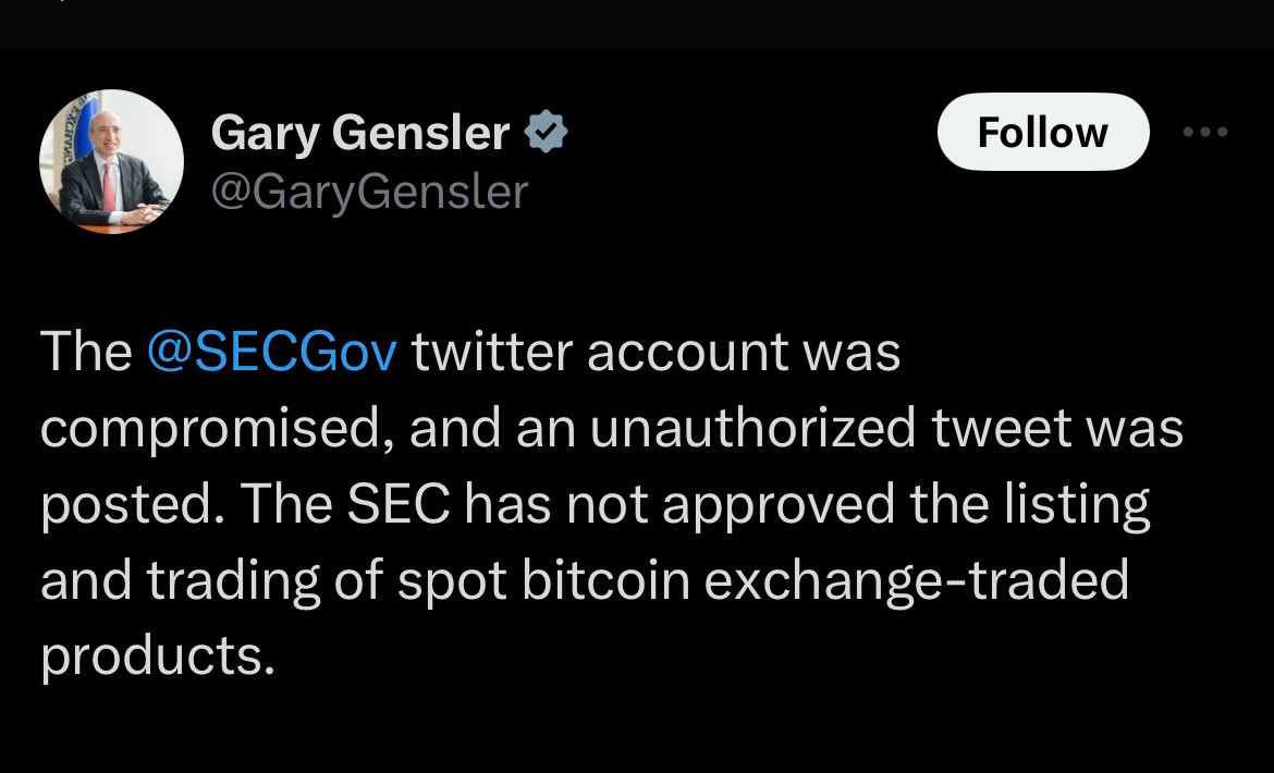 nft now on X: "UPDATE: Gary Gensler says the SEC Twitter account was hacked  and Bitcoin spot ETFs have not been approved https://t.co/RVjbf3HvGK" / X