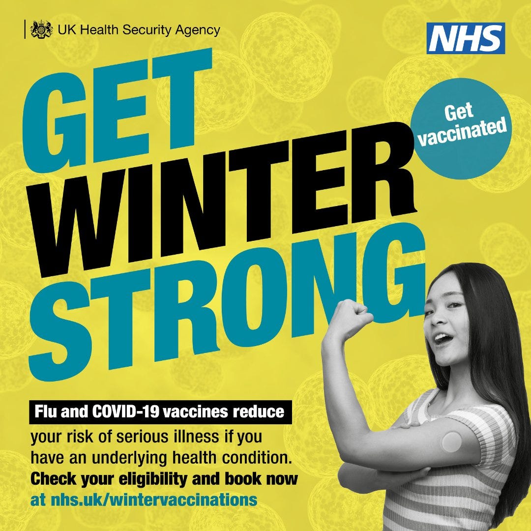 Get winter strong. Flu and COVID-19 vaccines reduce your risk of serious illness if you have an underlying health condition. Check your eligibility and book now at nhs.uk/wintervaccinations 