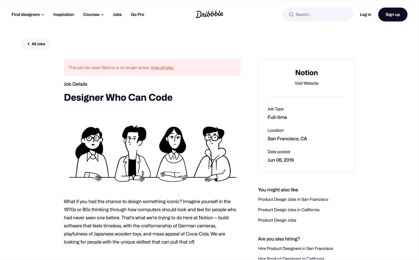 Screenshot of notion's designer who can code job opening