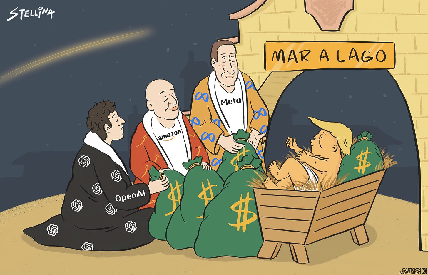 Cartoon showing Trump as baby Jesus in a manger in a traditional nativity scene. The three kings around the manger are Zuckerberg from Meta, Jeff Bezos from Amazon and Sam Altman from Open AI. The are handing bags of money to baby Trump.