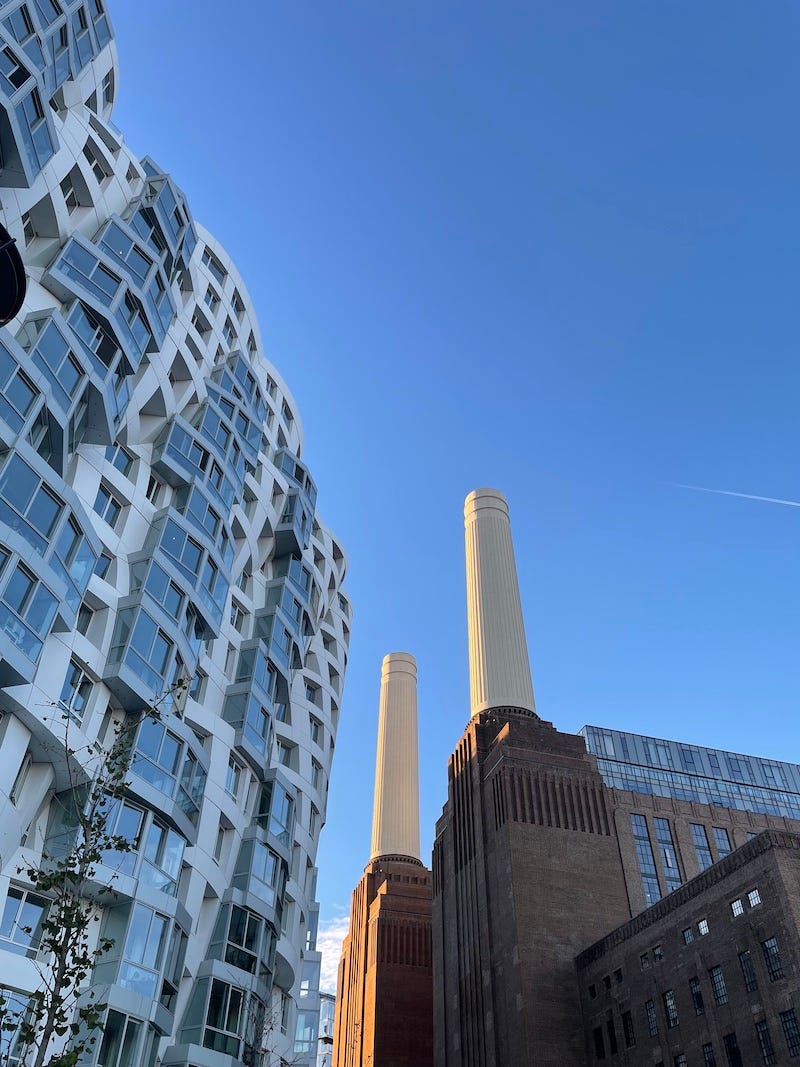Battersea power station from the exterior with the new flats to the left