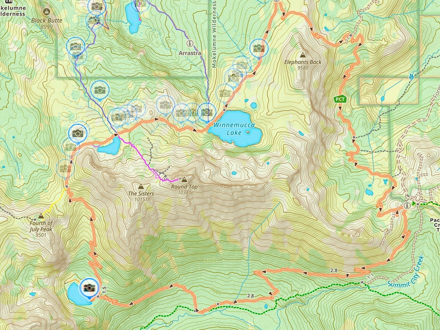 A topographical map showing a loop trail hitting many lakes