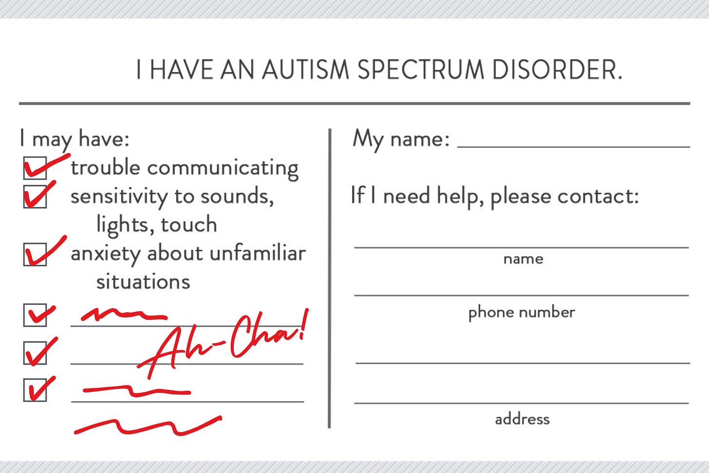 White card displaying "I have an Autism Spectrum Disorder" with lists of impacts