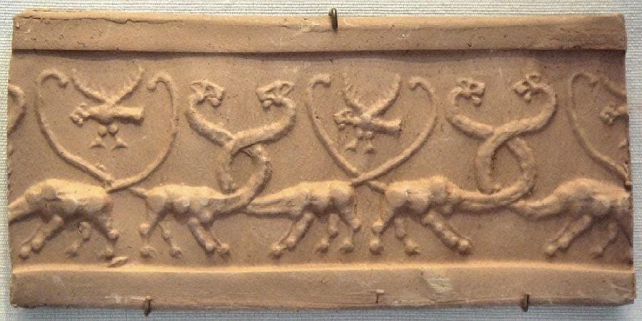 Clay impression of a cylinder seal with monstrous lions and lion-headed eagles, Mesopotamia, Uruk Period (4100 BC–3000 BC). Louvre Museum. (PHGCOM/CC BY-SA 4.0)