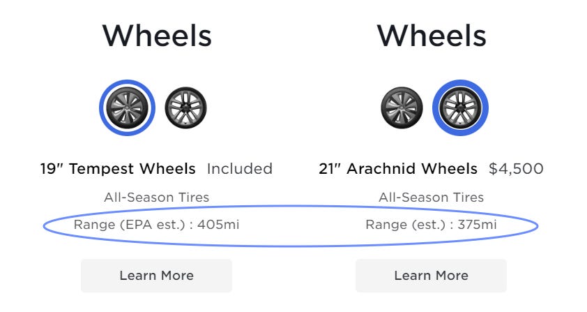 A screenshot of the Tesla Model S ordering page with two different states of the wheel selection UI shown. With the 19" wheels selected, an EPA range estimate of 405 miles is shown. With the 21" wheels selected, an unofficial estimate of 375 miles is shown.