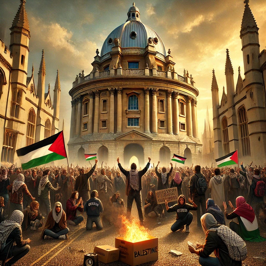 A highly detailed digital painting of a pro-Palestine student protest taking place at a prestigious UK university. The scene is set in front of an iconic university building with Gothic and Victorian-style architecture, resembling Oxford or Cambridge. The crowd of students, diverse in appearance, is waving Palestinian flags and chanting slogans. Some students wear keffiyehs, others have backpacks and university hoodies. The atmosphere is tense yet passionate, with golden sunlight filtering through an overcast sky. A small fire burns in a cardboard box in the foreground, adding an element of unrest. The perspective is dynamic, viewed from behind students observing the protest. The composition is cinematic, with dramatic lighting, rich textures, and a realistic yet painterly style. No protest signs are visible.