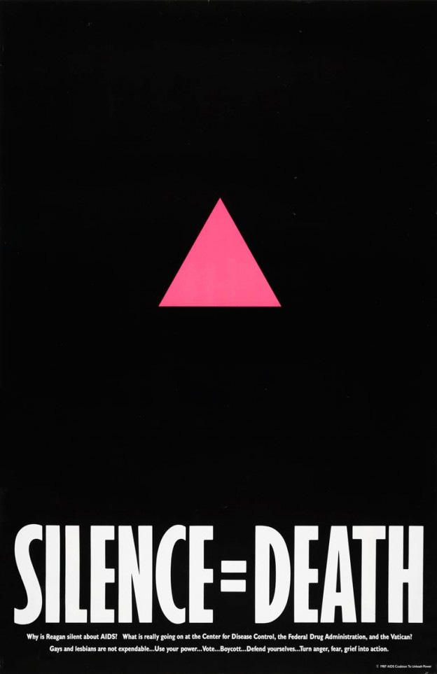 Pôster de fundo preto com um triângulo rosa fluorescente no meio mais os dizerem "silêncio = morte".