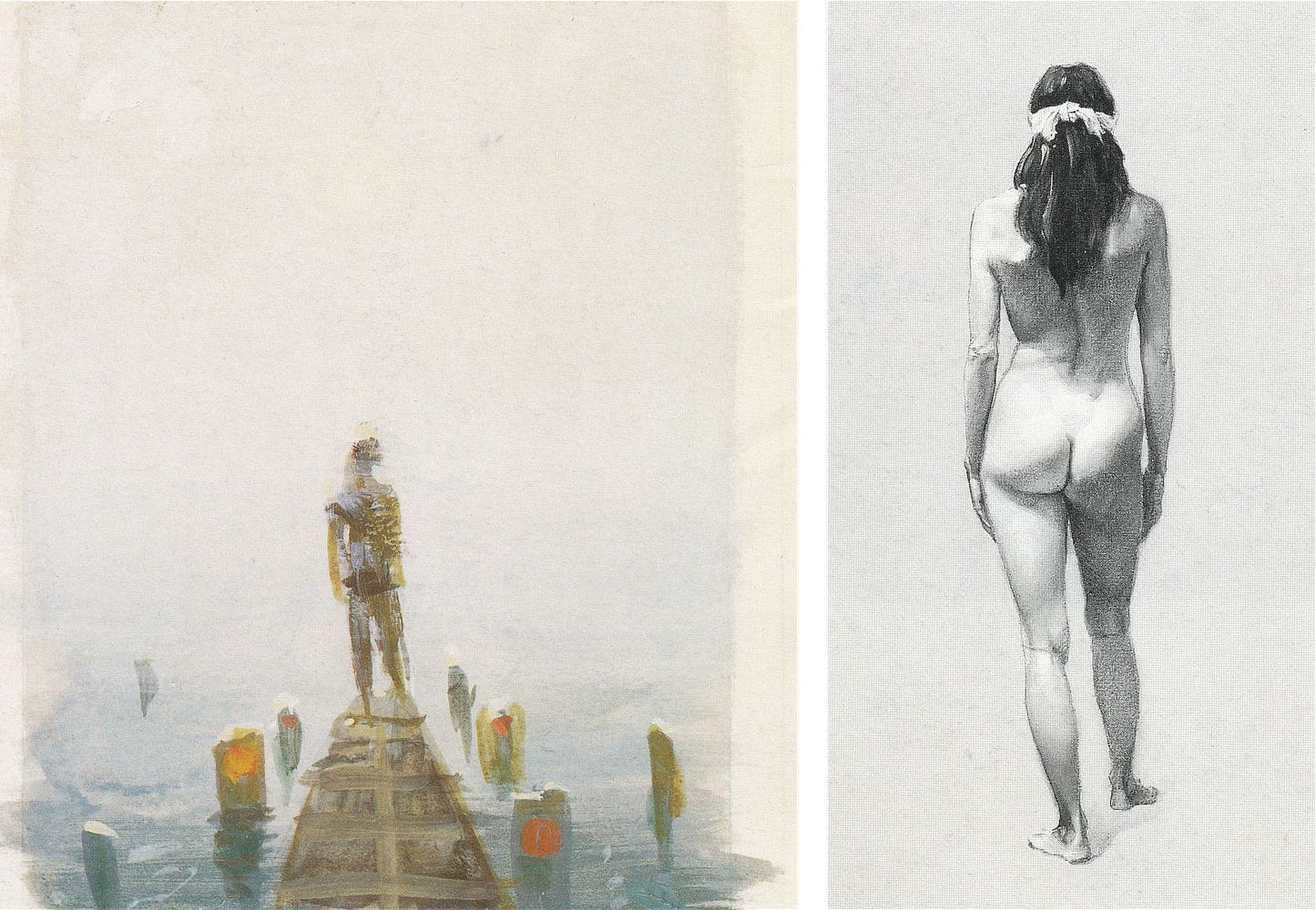 LEFT: Rough color sketch for CAUSEWAY featuring a figure standing at the end of a path leading into the water. Wood posts marked with red and orange reflectors stick out of the water. RIGHT: Figure study for CAUSEWAY featuring a nude female figure from behind. A white blindfold is tied at the back in contrast to her dark hair. 