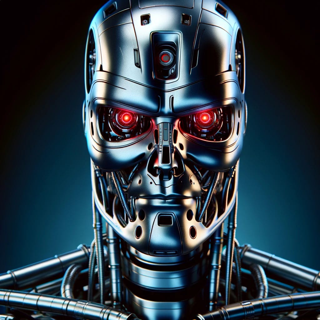 Create an image of a Terminator-like robot with red eyes, set against a dark blue background. The robot has a metallic and menacing appearance, resembling the iconic Terminator design. Its eyes glow a deep red, adding to its intimidating presence. The robot's body is composed of sleek, futuristic metal with intricate mechanical details, suggesting advanced technology. The dark blue background contrasts with the metallic sheen of the robot, emphasizing its formidable appearance. The overall image portrays the robot as a powerful and ominous figure, embodying the essence of a futuristic, relentless machine.