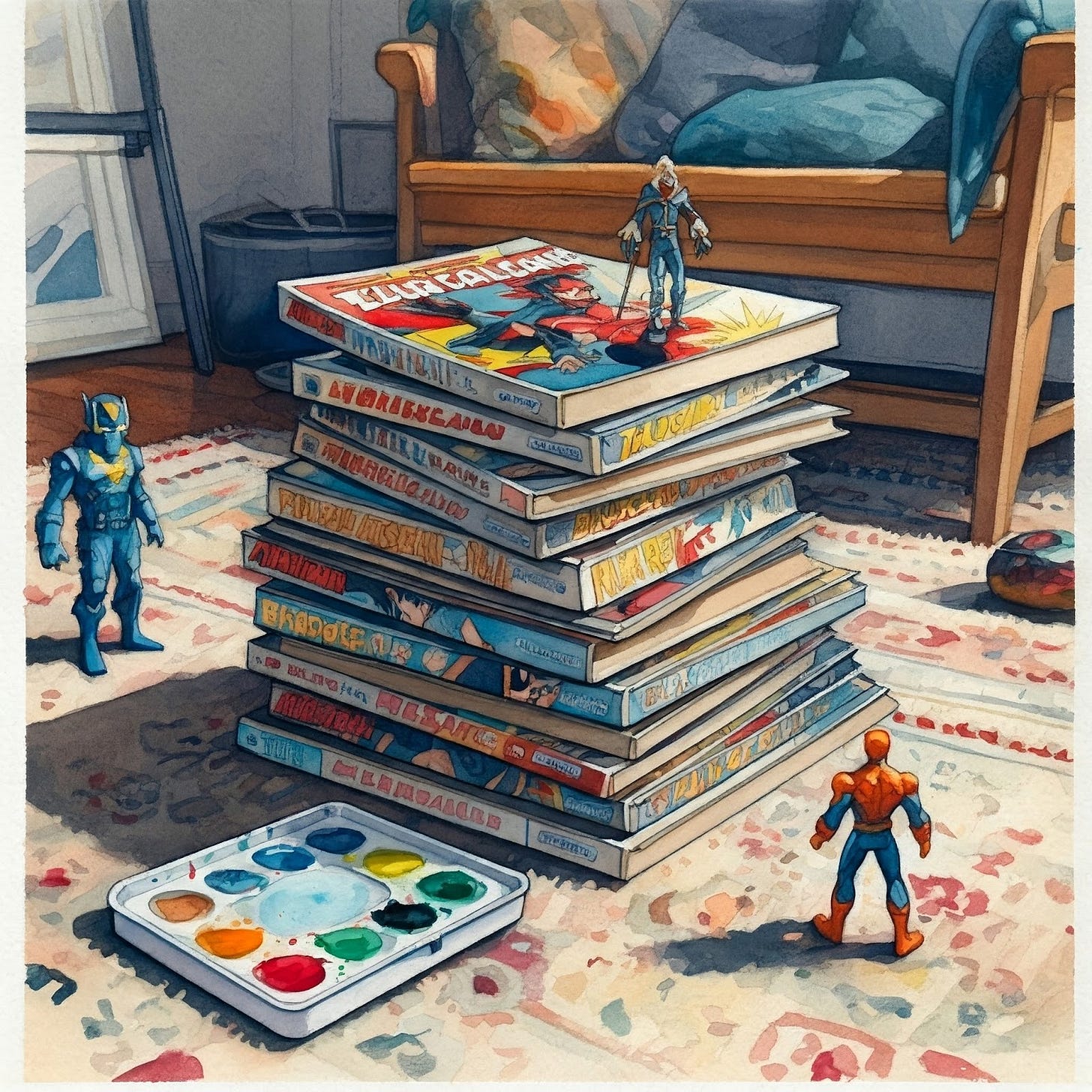 Stacks of graphic novels of superheroes and villians on the floor with action figures