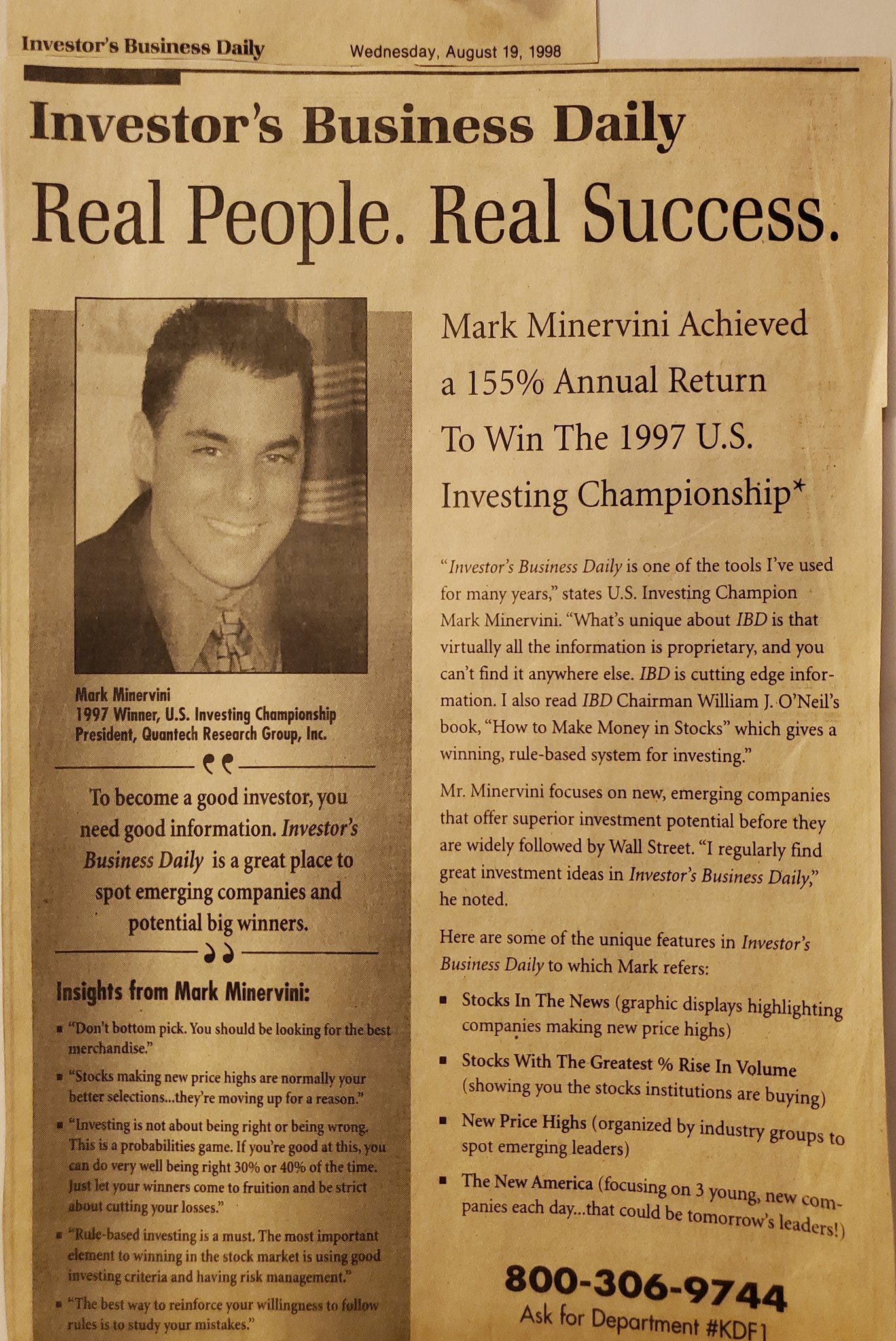 Mark Minervini on X: "24 years ago I put up $250,000 of my own money and  won the 1997 U.S. Investing Championship. Seems like so long ago. In an  effort to do